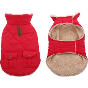 Queenmore Warm Dog Coat, Cold Weather Puffer Jacket with Ultra Thick Plush Lining and Storage Pockets, (Red, Large)
