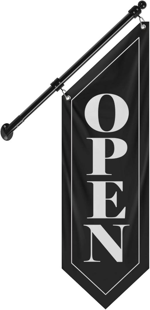 Double-Sided Open Flag with Pole Kit, 12"x35" Vertical Storefront Open Sign with Wall Mounted Hanging, Outdoor Vintage Open Banner for Shop, Cafe, Restaurant, Retail Store, Farm Stand Business