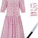 Womens Barbara Dress Costume Pink Floral Print Dress Halloween Cosplay Outfit Suit (Small)