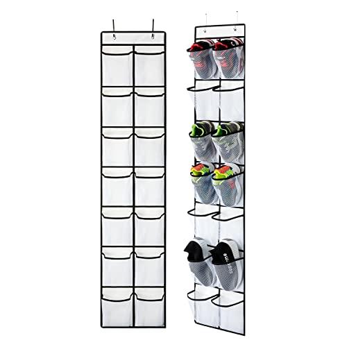 KEEPJOY Over the Door Shoe Organizer, Hanging Shoe Organizer with 4 Hooks, Shoe Holder with 14 Mesh Pockets Closet Door Shoe Storage Bag (White-2Pack)