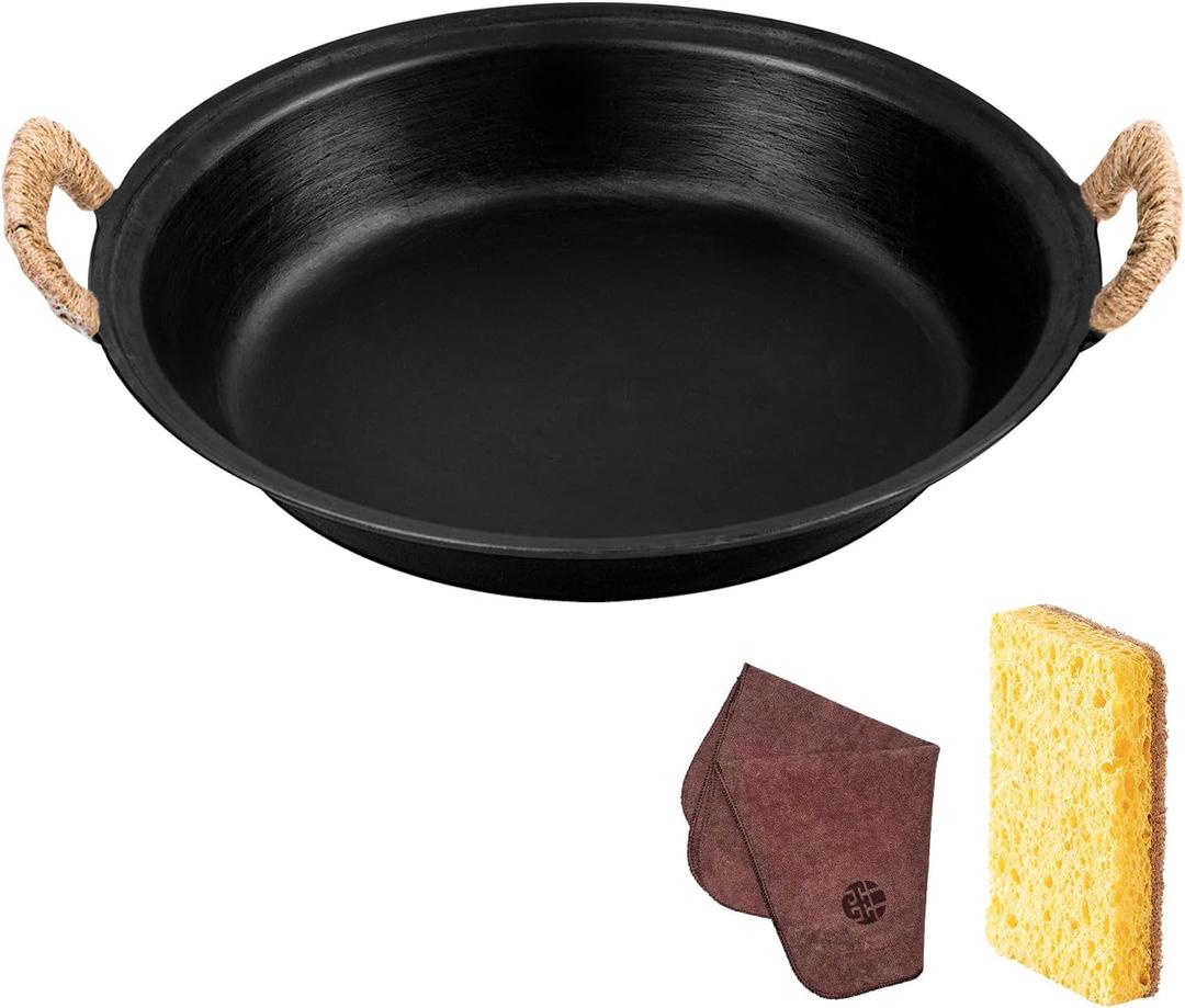 WANGYUANJI 14.2" Cast Iron Skillet & Grill Pan  Heavy-Duty Coating-free, Smokeless Flat Bottom, Dual Handles, All Stovetops, Indoor/Outdoor Use - Black