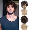 Baruisi Mens Curly Wig Brown Layered Short Wig Synthetic Halloween Cospaly Hair Wig
