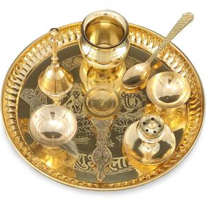 Brass Pooja Thali Set 8 Inch with Pital Plate Kalash Spoon Diya Bowl Dhup Dan Ghanti Kappur Arti Daily Puja Thali for Diwali Home Mandir Office Wedding Return Gift Items