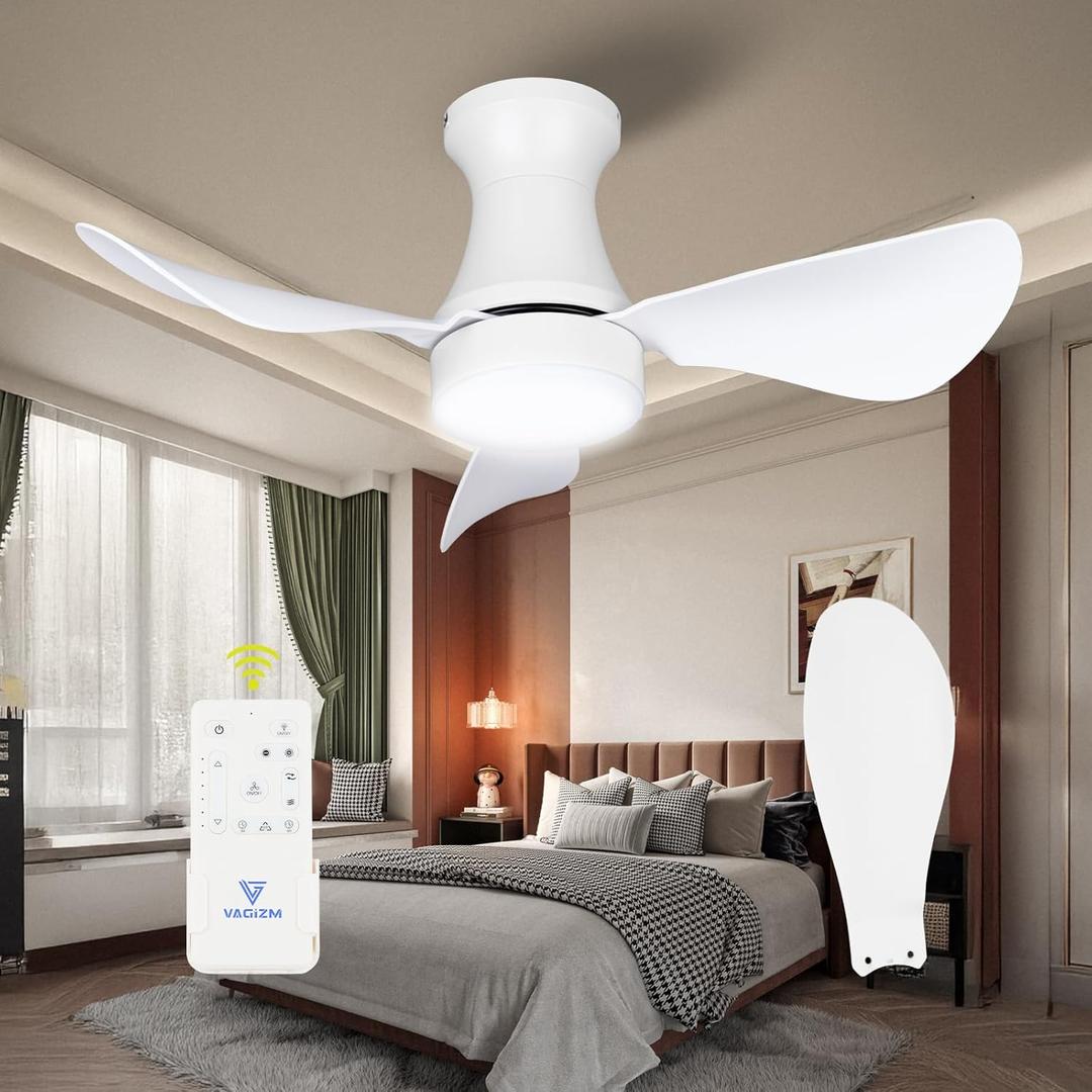 30 Inch Flush Mount Ceiling Fan with Light - Small Ceiling Fan with Light for Bedroom/Kids Room/Small Room - Low Profile Design - Indoor/Outdoor Use - 3 Blades White
