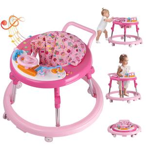 Baby Walker Foldable, Baby Walkers and Activity Center for Boys Girls Babies 6-18 Months with Feeding Tray & Music, and 5 Adjustable Heights, Baby Walker with Wheels (Rose Pink)