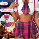 ShawGobow 5 Piece Cosplay Costumes For Women,Halloween Lingerie Outfits,Tie Crop Top & Plaid Skirt Set (Pink, S)