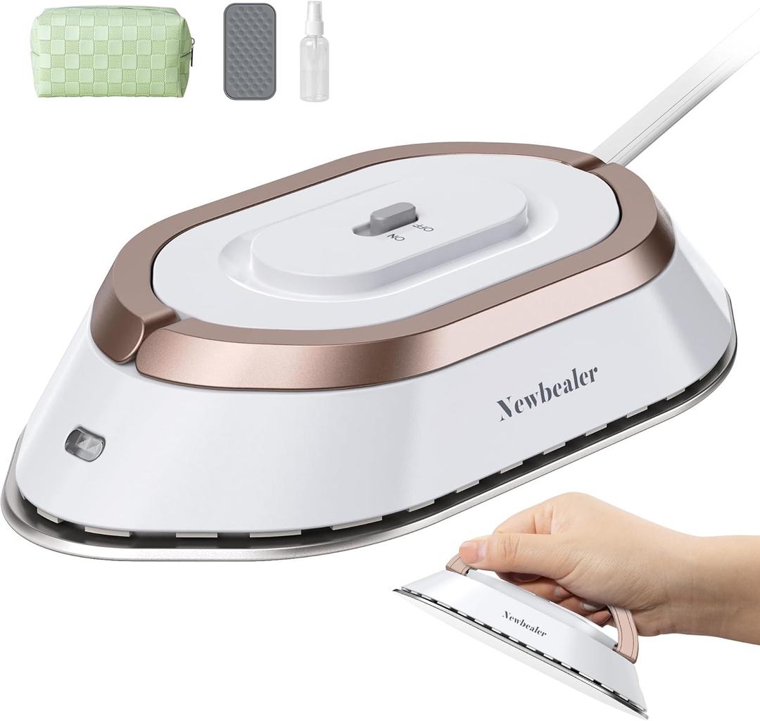 Newbealer Travel Iron with Global Voltage, 100-240V Mini Dry Iron for Clothes (No Steam), Max 300W, 60s Heat Up, 302 Non-Stick Ceramic Soleplate, 0.8lbs Ultra-Lightweight (Gold) (White)