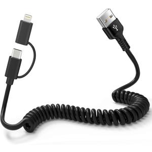 USB A to USB C & Lightning Cable - Support Apple Carplay & Android Auto Cable for iPhone 16/15/14/13/12/Android [MFi Certified] 3A Fast Charge & Data Sync Coiled Dual Lightning and USB C Cable 2 in 1