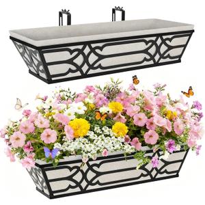Railing Planter Box, Window Planter Box 24 Inch 2 Pack, Metal Hanging Flower Boxes with Non-Woven Fabric Liner, Adjustable Brackets for Deck Railing, Fence, Balcony, and Porch, Black