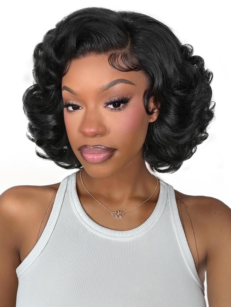 HANNE T Lace Short Curly Wigs for Black Women 13 * 4 * 1 Pre Cut Curly Synthetic Lace Wig 9 Inch Short Curly Wigs (Natural Black)