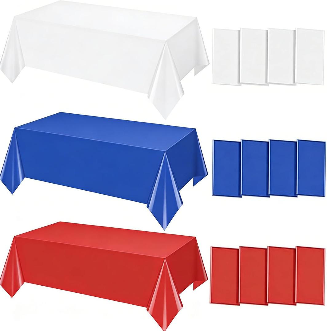 12 Pack 4th of July Plastic Tablecloths, Disposable Red White and Blue Patriotic Table Covers, Waterproof Rectangle 54 x 108 Inch for Independence Day, Memorial Day Veterans Day Party