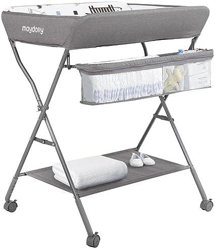 Baby Changing Table with Wheels, Maydolly Portable Adjustable Height Folding Diaper Station with Nursery Organizer & Storage Rack for Newborn Baby and Infant (Light Grey)