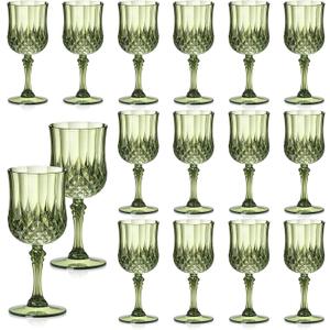 XUWAIDSGN 16 Pcs 7oz Plastic Vintage Wine Glasses Drinking Glasses Unbreakable Wedding Glassware Crystal Water Goblets Reusable Drinkware Vintage Champagne Flutes (16, Dark Green)