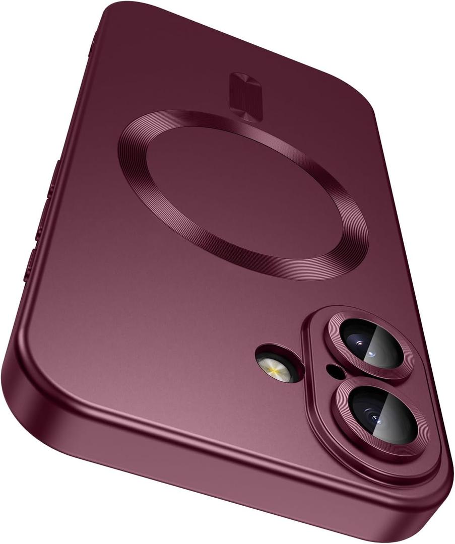 LEKEVO Magnetic for iPhone 16 Case [Compatible with MagSafe][Built-in Camera Lens Protector] Slim Soft Silicone Bumper Shockproof Metallic Luster Phone Case (Burgundy)