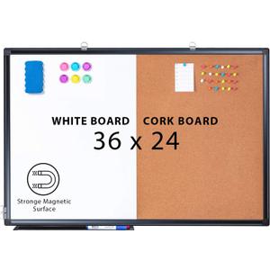 Magnetic White Board and Cork Board Combo, 36 X 24 inches Whiteboard Bulletin Combination Board, Wall Mounted Dry Erase Message Board for Home, School and Office, Black