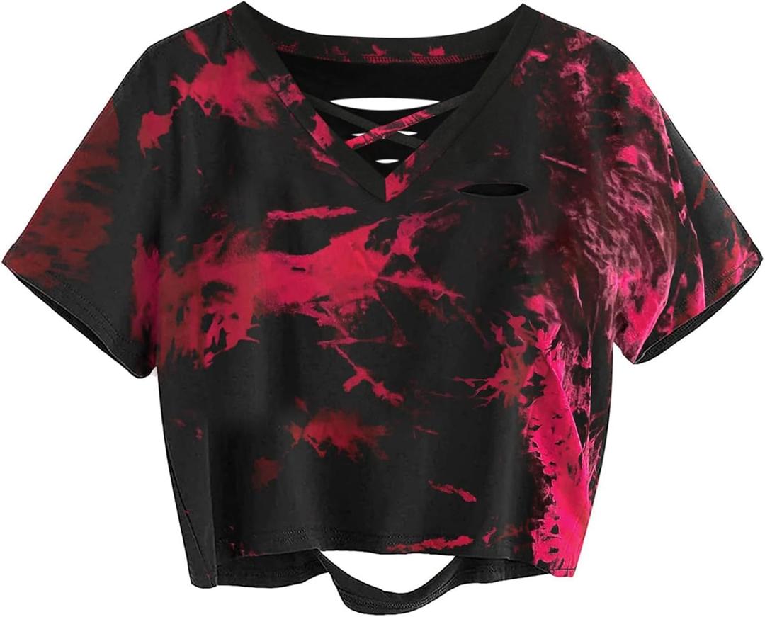 LilyCoco Women Criss Cross V Neck T Shirts Cut Out Tie Dye Short Sleeve Crop Tops Black X-Large