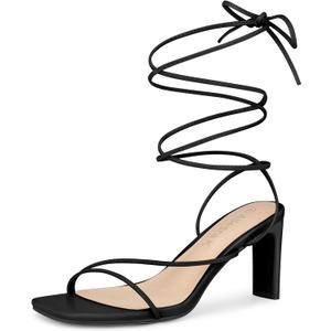 Allegra K Women's Lace Up Strappy Block High Heel Sandals (9, Black)