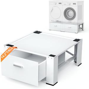SKM Washer Dryer Pedestal Base - 28" Appliance Elevator Stand with Storage Drawer, Heavy Duty Steel, 14.2" Height, White (For Front-Load Washers & Dryers)