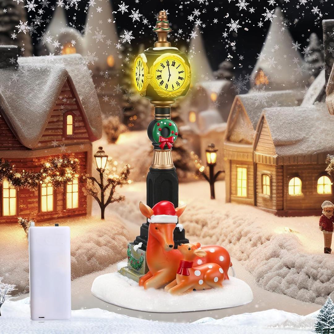 Kigeli Lighted Christmas Village Clock Tower Decoration, Battery Operated 6.3 Inch Holiday Village Accessories Statue with Reindeers Xmas Rein Collectible Clock with Warm Lights for Christmas Decor
