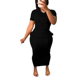 Women's Casual Short Sleeve Dress T Shirt Bodycon Dresses Ribbed V Neck Maxi Sundress Basic Party Club Dress with Pocket (Large, Black)
