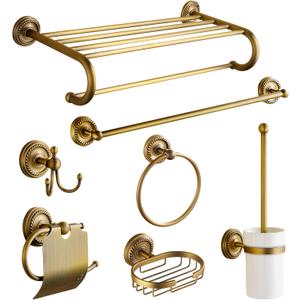 7 Piece Antique Brass Gold Bathroom Accessories Set - TooCust Brushed Brass 24 Double Towel Holder & Towel Bar - Wall Mounted Bathroom Hardware Kit