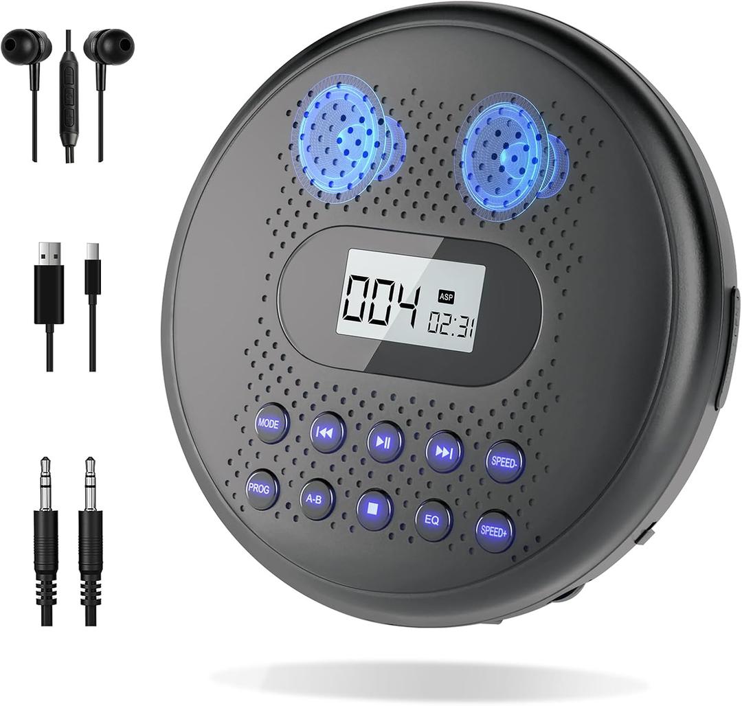 ARAFUNA Portable CD Player with Dual Stereo Speakers, Rechargeable CD Player for Car with Anti-Skip Protection, Headphones and AUX Cable Backlight Buttons