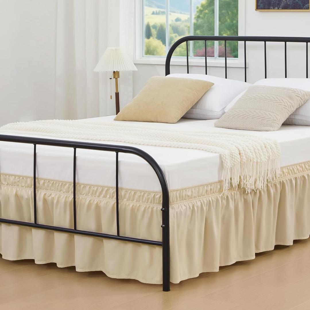Vocander Beige White Split Corner Bed Skirt for Full Beds 14 Inch Drop, Adjustable Elastic Dust Ruffles for Metal Frame, Adjustable Tailored Bedskirts Fade & Wrinkle Resistant