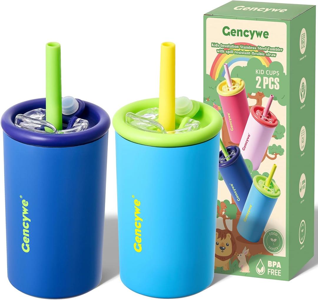 Gencywe 2 PACK Kids Double Walled Stainless Steel Cups with Straws and lids | 12 oz Spill-Proof Sippy Smoothie Tumbler Set, Small Kids Snack & Drink Water Cups, BPA-Free (Age: 3+ years old & up) (Blue)