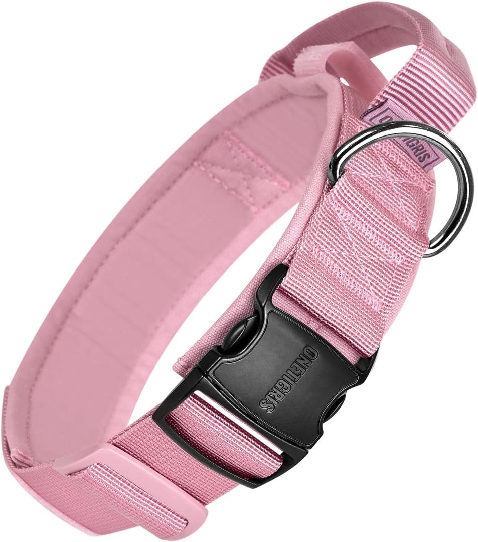 OneTigris Tough Dog Collars, Tactical Dog Collar with Handle, Milltary Adjustable Dog Collar with Heavy Duty Metal Buckle for Training (Large,Pink)