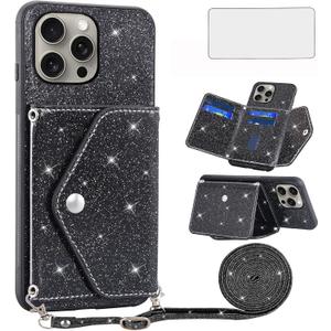 Phone Case for iPhone 15 Pro Max 6.7 inch Wallet Cover with Tempered Glass Screen Protector and Crossbody Strap Bling Glitter Card Holder iPhone15promax 5G i Phone15Max Plus iPhone15 ProMax Black