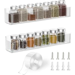 PMMASTO Adhesive Acrylic Spice Rack Organizer for Wall with Nano Double Sided Tape, Spice Shelf Organization for Kitchen Cabinet Door/Pantry Door, Wall Mount Seasoning Rack (Clear-2 Pack)