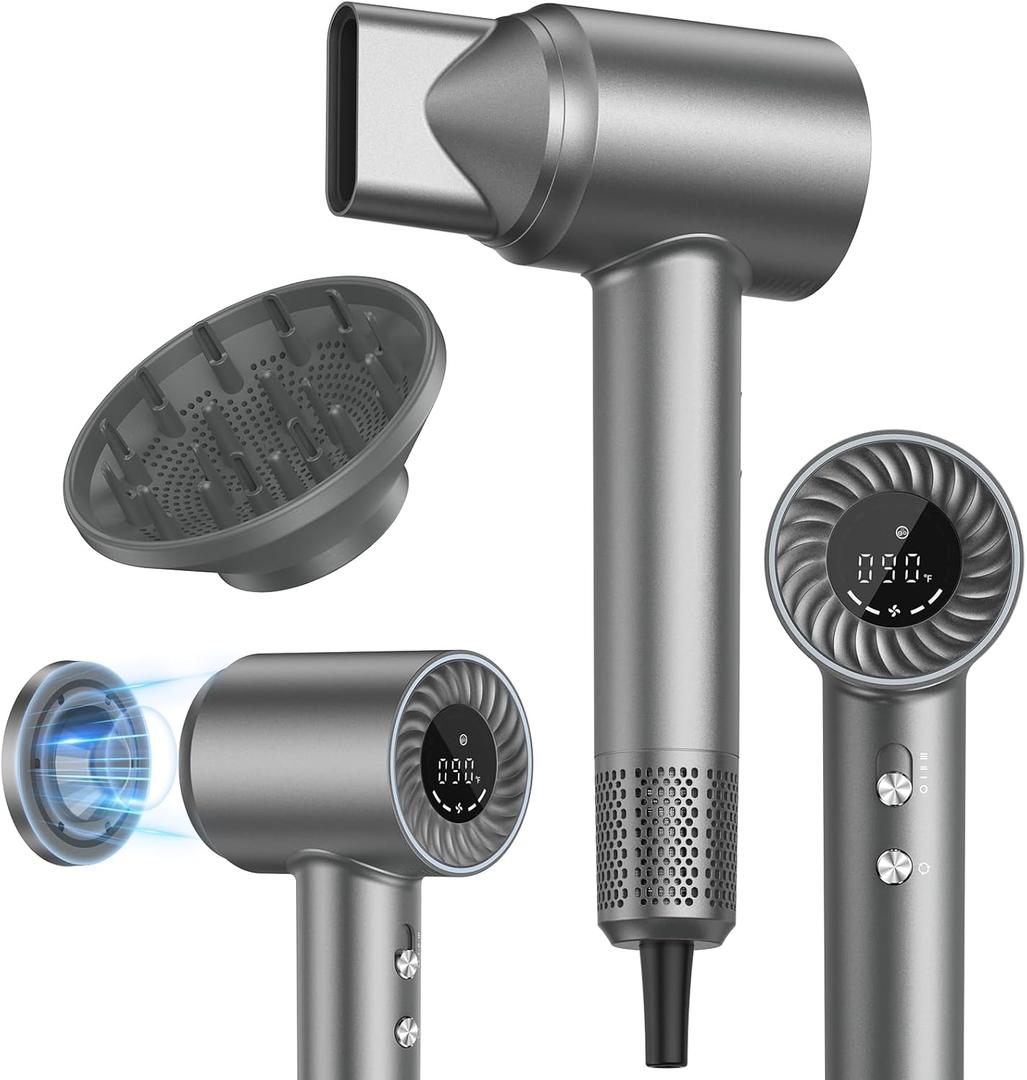 Hair Dryer, 150000 RPM Brushless Motor with 500M Negative Ions, Fast-Dry Lightweight Design, ThermoControl & Magnetic Nozzle/Diffuser, Low Noise Salon Blow Dryer for All Hair, Travel, Home (Gray)