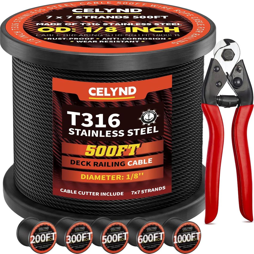Black Stainless Steel Cable for Railing - 500FT 1/8" T316 Wire Rope for Deck Cable Railing System Kit