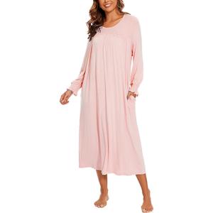 AVIIER Long Sleeve Nightgowns for Women Soft Cotton Victorian Night Gowns Ladies Sleepwear with Pockets (Medium, Pink)