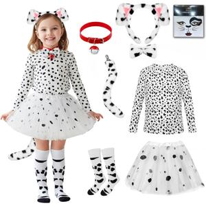 Dalmatian Costume Girls, 101 Days of School Dog Costume Set Kids Tutu Headband Accessories Halloween Animal Party (3-4 Years, White)