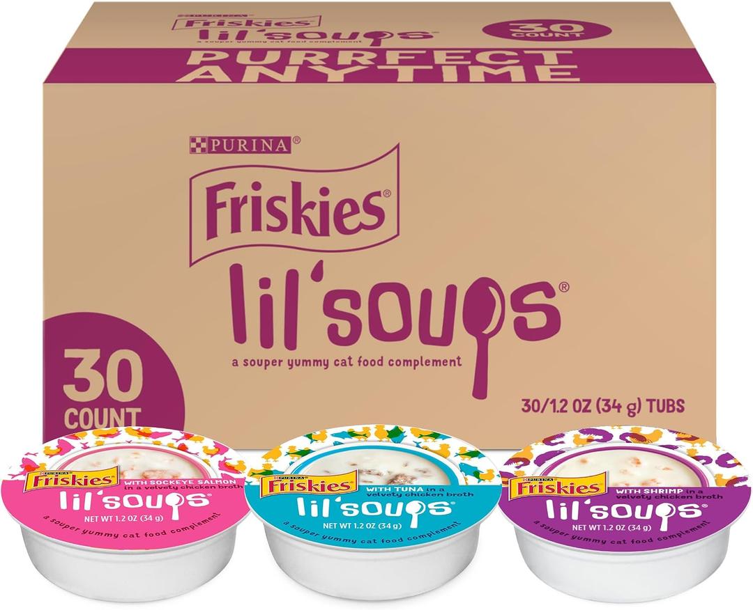 Friskies Purina Grain Free Wet Cat Food Lickable Cat Treats Variety Pack, Lil' Soups With Salmon, Tuna or Shrimp - (Pack of 30) 1.2 oz. Cups, BBD 01/2028