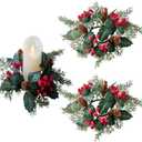 2 Pieces Christmas Candle Rings Wreaths,Artificial Flower Red Berries Candle Holders,Christmas Ornaments Xmas Garland Wedding Home Table Centerpieces Kitchen Decors