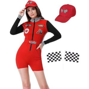 Race Car Driver Costume for Womens Racing Driver Jumpsuit Shorts Long Sleeve with Grid Flag Set Halloween Outfits (Small, Red)