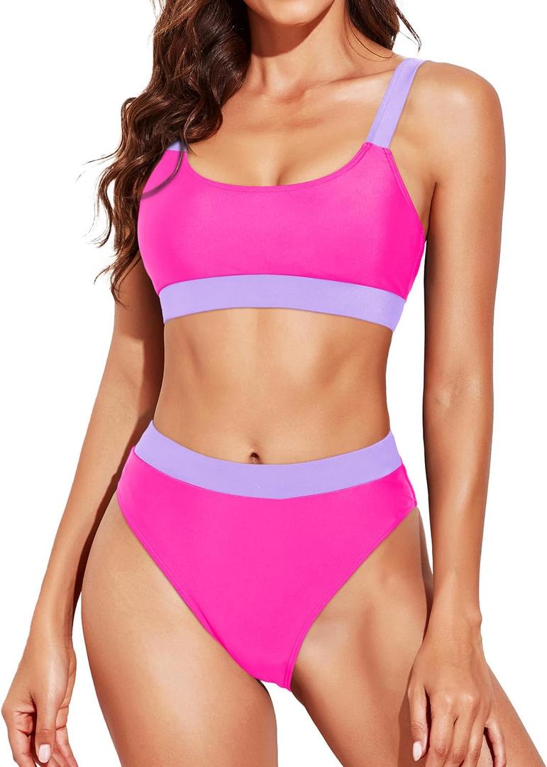 Tempt Me Women Two Piece High Waisted Bikini Swimsuits with Bottoms Teen Scoop Neck Sport Bathing Suits (M, Hot Pink Purple)