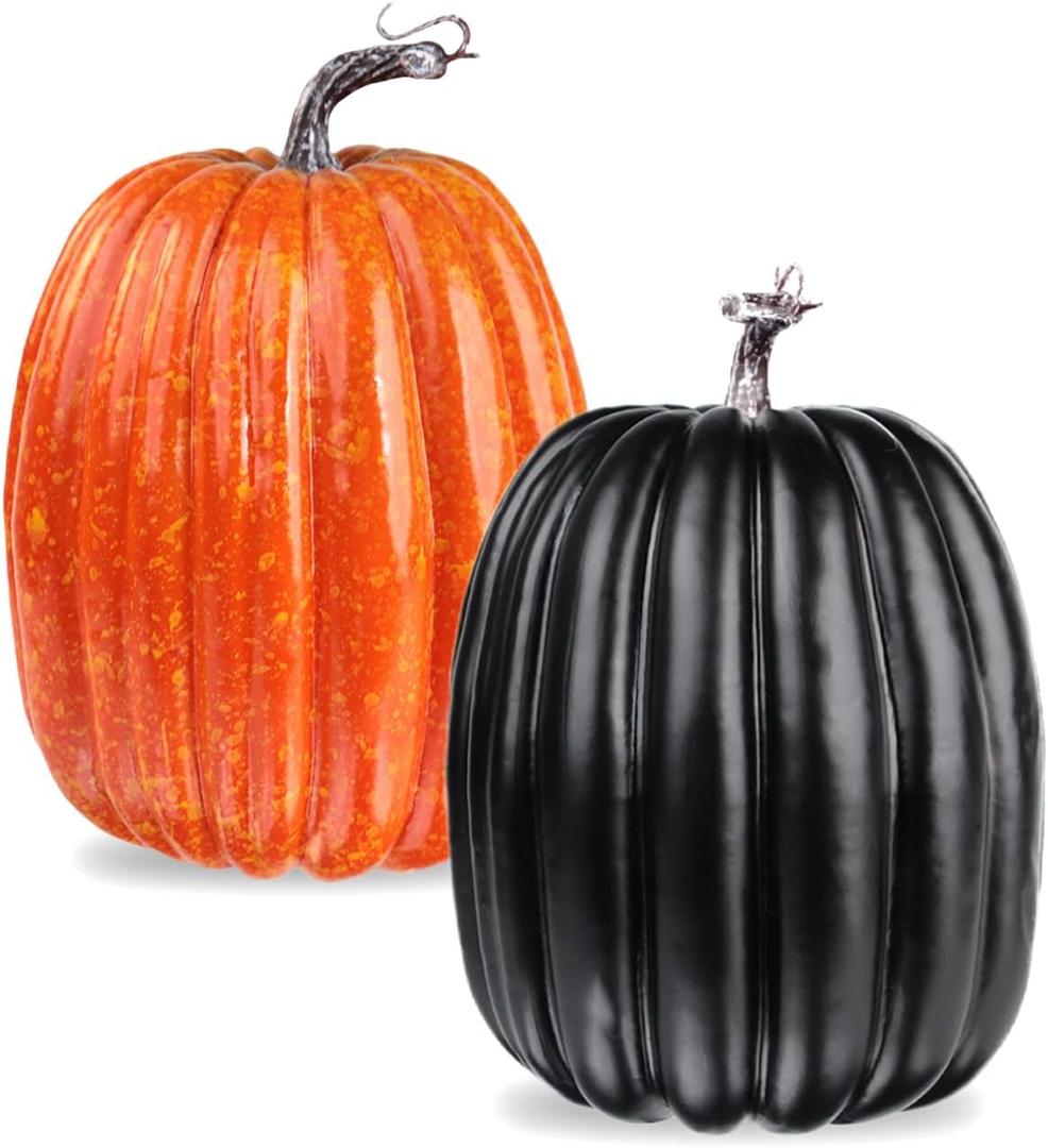 vensovo 2PCS 8 Inch Plastic Pumpkins for Decorating - Black & Orange Large Artificial Foam Pumpkins for Fall Decor, Halloween, Thanksgiving, Paintable for DIY Crafts & Centerpieces