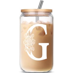 3 x Gifts for Women, Personalized Monogrammed Gifts for Sister Mom Friend Wife, Birthday & Ideas 2024 - Cute Iced Coffee Glass Cups with Lids & Straws