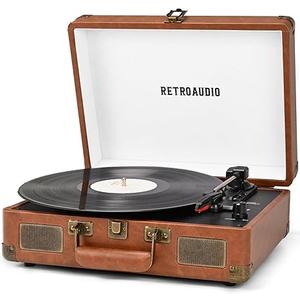 Vinyl Record Player 3Speed Bluetooth Portable Suitcase Records Player with 2 Builtin Stereo Speakers, BeltDriven Turntable for Vinyl Records, Support RCA Line Out, AUX Out (Brown)