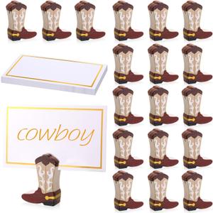 Kigley 18 Pcs Cowboy Boots Wooden Ornaments Place Card Holder and 25 Pcs Gold Foil White Card Cowboy Boots Wooden Table Sign Picture Number Sign Stands Holder for Wedding Party Events (Brown)