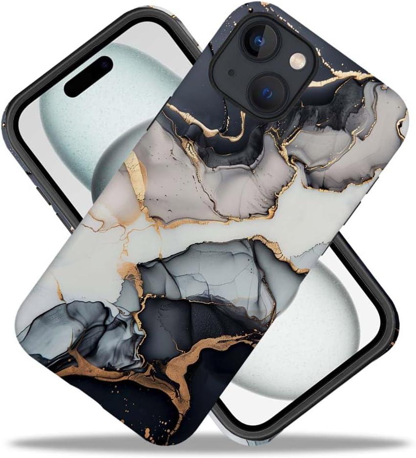Case Compatible with iPhone 15(6.1 in),Black Gold Marble Hybrid 2-Layer Hard Shell+Silicone Scratch-Resistant Shockproof Protective Case for iPhone 15