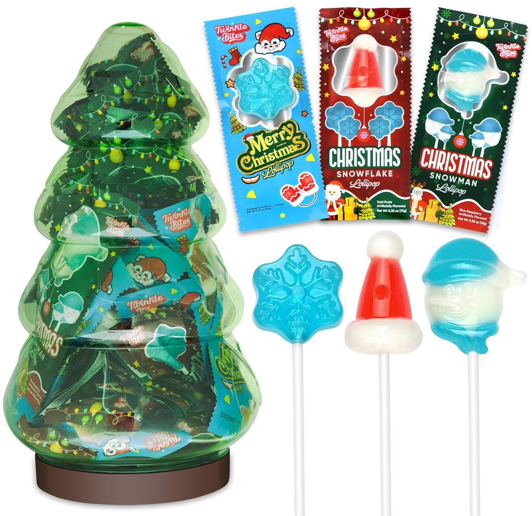 45 Pack Christmas Lollipops  Individually Wrapped  Packed In A Tree Jar Holiday Themed Hat, Snowman, Snowflake Suckers  Strawberry, Tutti Frutti, Blue Raspberry Flavors  Bulk Christmas Candy Use For Stocking Stuffers, Party Favor, Classroom & Office Treats, Goodie Bag Fillers