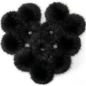 Juinte 4 Pcs 6 Inch Large Fur Pom Pom Balls for Hats Fluffy Faux Fur Pompom Balls with Snap Button for Hat Shoes Scarves Bag Charms DIY Crafts (Light Black)
