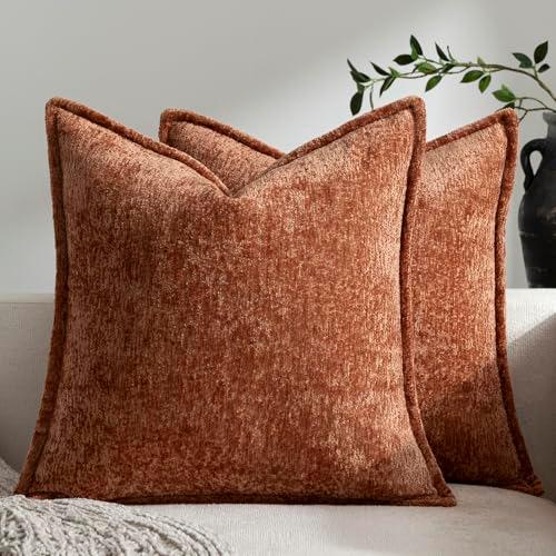 DEZENE Pack of 2 Burnt Orange Fall Decorative Throw Pillow Covers 20x20 Cozy Soft Chenille Boho Accent Vintage Farmhouse Square Couch Pillow Covers for Home Decor Bed Sofa Living Room