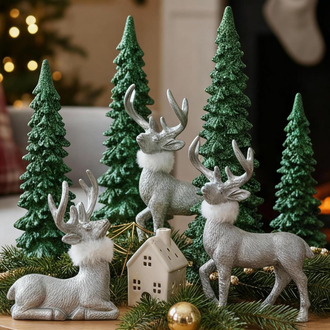 Kathfly 7 Pcs Silver Christmas Reindeer Statue Decor with Christmas Trees Resin Figurines Glitter Reindeer and Xmas Trees for Table Centerpiece Mantel Tabletop Home Office Desk Holiday Decorations