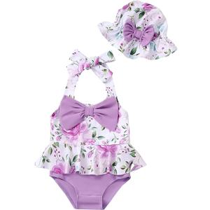 Kucnuzki Baby Girl Swimsuit Newborn One Piece Bathing Suit Bow Tie Bikini Tankini Infant Swimwear with Hat 6-12mos.