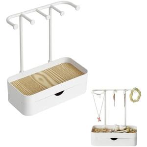 Jewelry Organizer Stand, Necklaces Holder with Wooden Tray and Drawer, Double Jewelry Display Rack Jewelry Storage Hooks for Bracelets, Earrings, Ring, Keys, Watches (White)